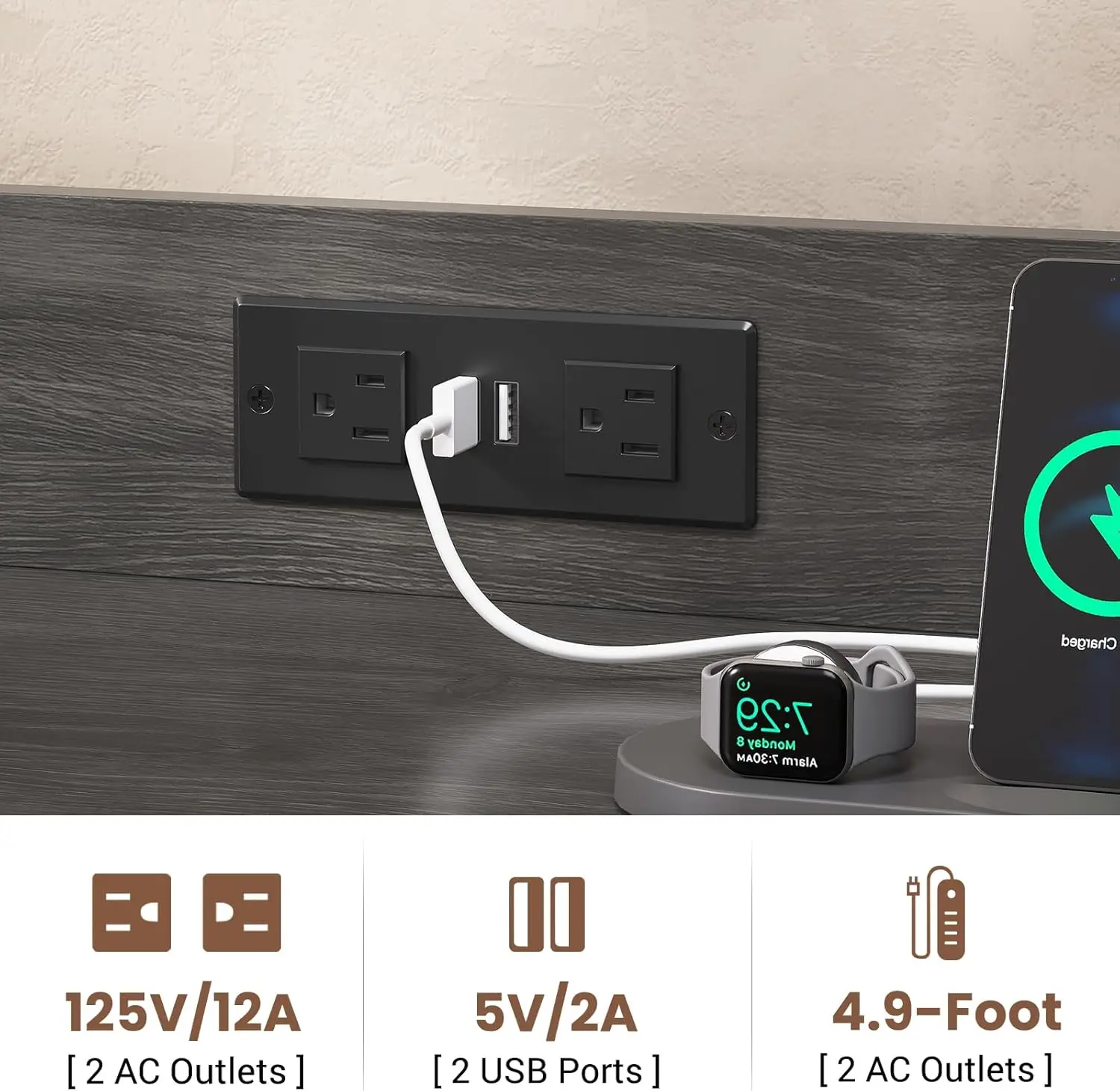 2-Drawer File Cabinet, Letter Legal A4, Lock, Power Strip, LED Lights, Grey