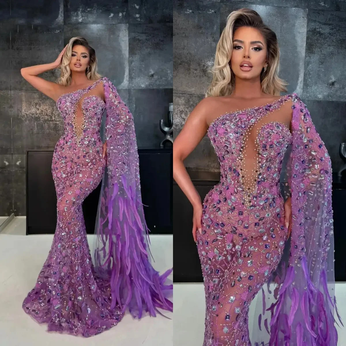 New Prom Dress Mermaid Evening Dress Feather One Shoulder Sequins Appliques Beads 3D Lace vestidos de novia Size Customized