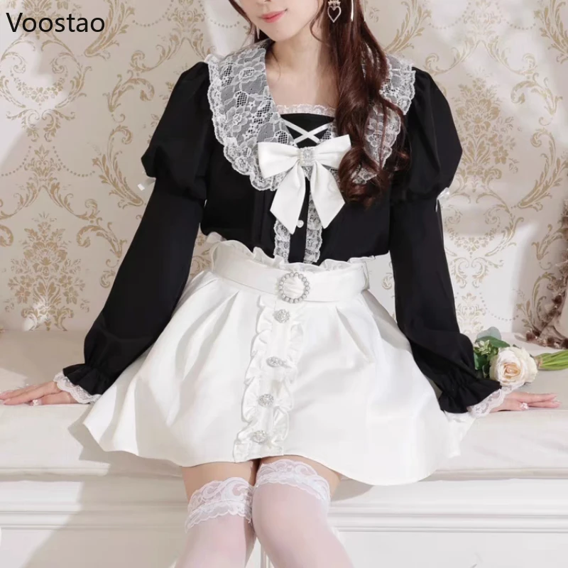 Japanese Gothic Lolita Shirt Women Harajuku Jirai Kei Bow Long Lantern Sleeve Blouses Y2k Aesthetic Elegant Sweet Clothes Tops