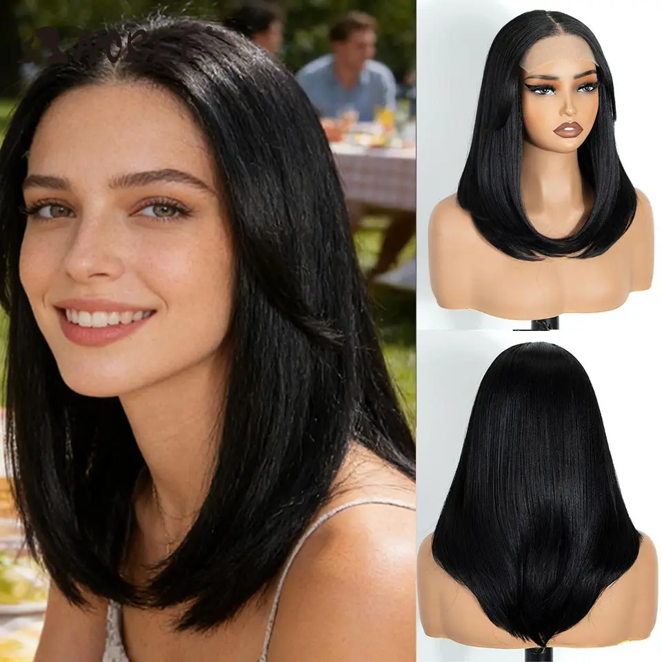 NOBLE 18 Inch 6X4 Lace Front Wig Jet Black Straight Bob Heat Resistant Glueless Synthetic Wig for Black & White Women Daily Wear