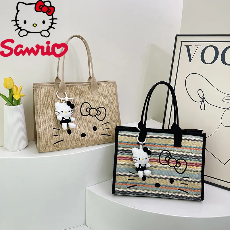 

Hello Kitty Cute Girl Style Pastoral Straw Bag Tote Color Large Capacity Shoulder Woven Handbag Crossbody