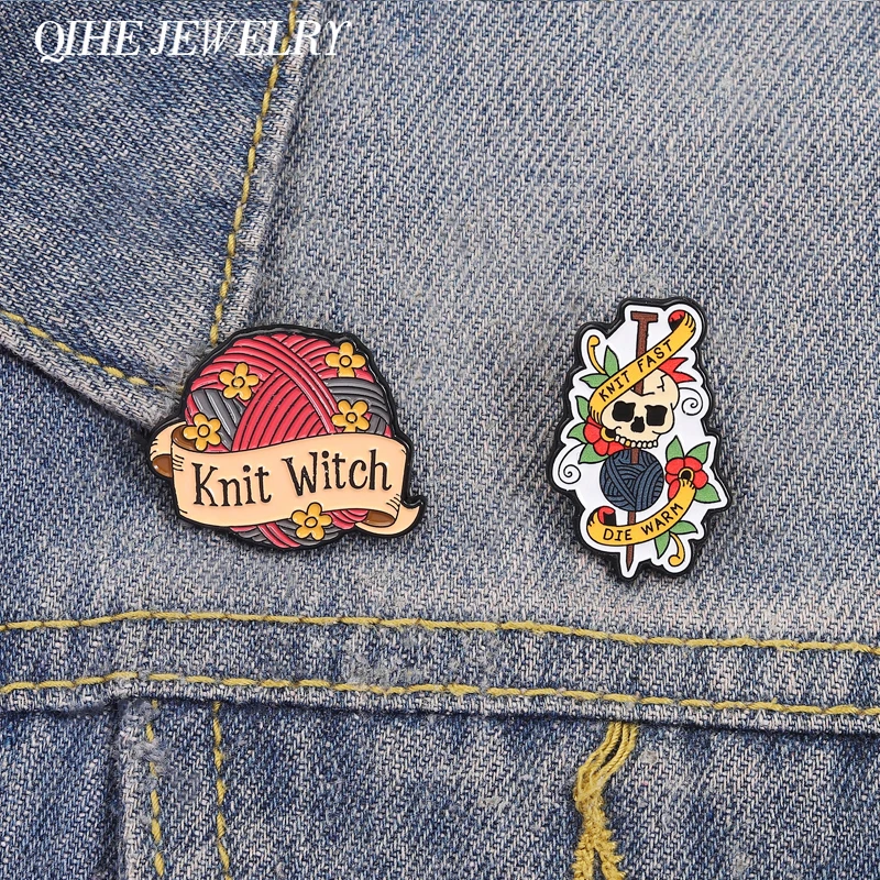 Vintage Punk Skull Knit Fast Die Warm Enamel Pins Knitting Witch Colorful Yarn Ball With Flowers Brooch Lapel Badge Jewelry Gift