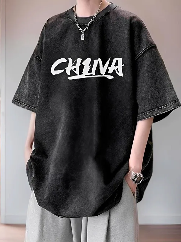 

Waed Vintage Men's ort Sve T-irt Summer plus Size Loose Pure Cotton f Sve Top American Trendy Brand Youth ular