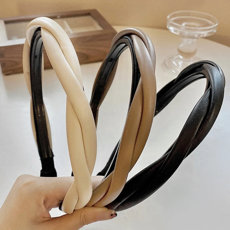 New Fashion Women Headband PU Leather Hairban Hair Hoop Twisted Braided Non-Slip Headwear Girls Vintage Turban Hair Accessories image 3
