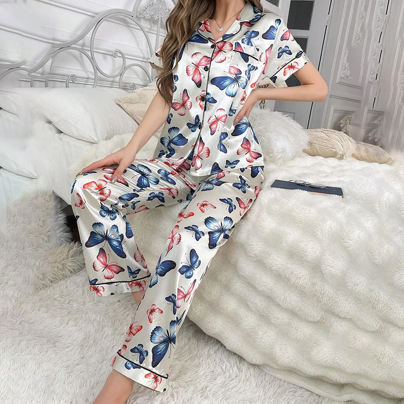 Women\'s Butterfly Print Satin Elegant Pajama Set Short Sleeve Buttons Lapel Top With Pants Loungewear 2 Piece Nightgown Nighty