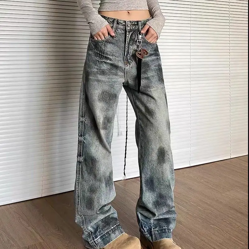

Универсальные и модные американские ретро винтажные джинсы для женщин и мужчин, осенние новые свободные прямые легка расклешенные брюки