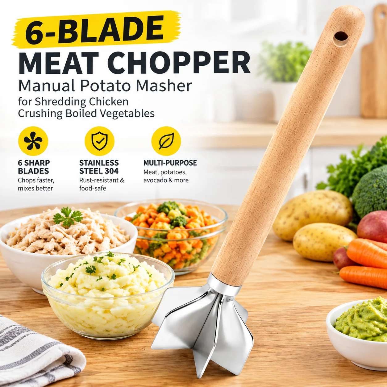 6 Blade Stainless Steel 304 Meat Chopper Manual Potato Masher Kitchen Tool for Shredding Chicken Crushing Boiled Vegetables
