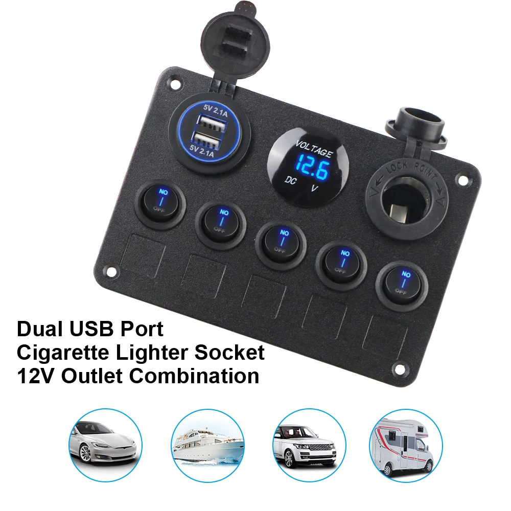 Marine LED Rocker Boat Switch Panel Car Switch Panel Waterproof Digital Voltmeter Dual USB Port 5 Gang 12V Outlet Combination