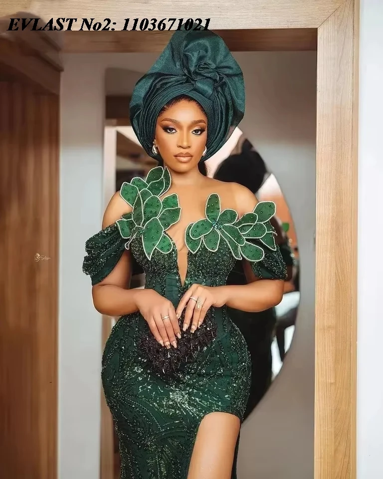 EVLAST Customized Dark Green Lace Asoebi Prom Dress 2025 Sexy High Slit Beaded African Evening Party Dress Nigerian Gown E2P04
