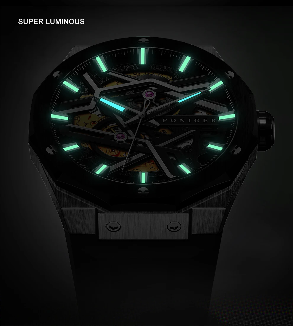 PONIGER Orologio automatico da uomo 42mm Orologio da polso meccanico sportivo Zaffiro luminoso 5ATM Quadrante scheletrato impermeabile Cinturino in caucciù