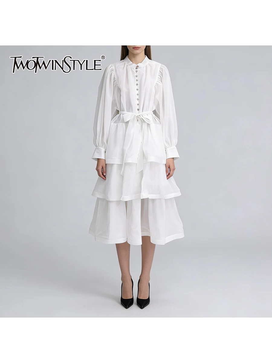 

TWOTWINSTYLE однотонные модные платья со складками и оборками для женщин, повседневное платье с круглым вырезом и длинными рукавами в стиле пэчворк на шнуровке, женское