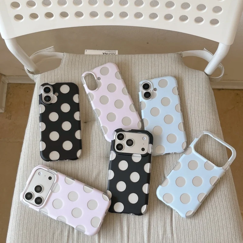 

Korean popular Cute Black White Blue Pink Polka Dots Phone case For iPhone 15 16 17 Pro Max 3D Wave point shockproof Cover﻿﻿﻿
