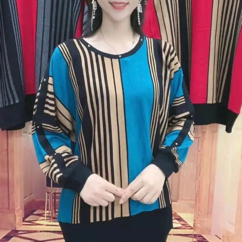 Women\'s Spring Autumn Contrasting Colors Striped Tops Causal Commute Stylish Rivets O-Neck Knitted Long Sleeve Vintage Pullovers