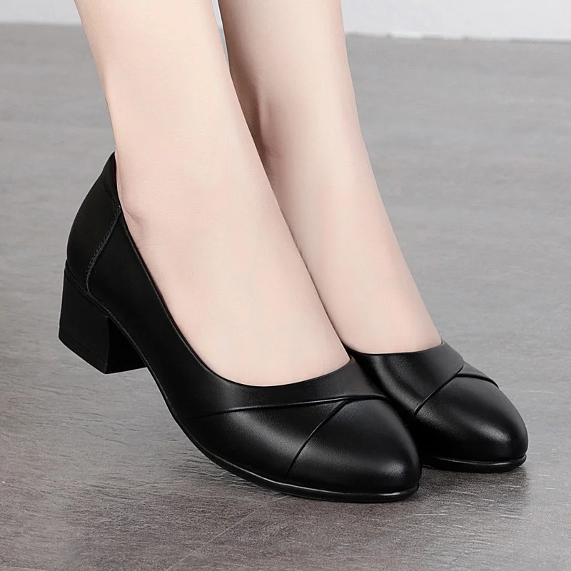 

Women Mid Heel Office Lady Pumps PU Leather Black Basic Square Heeled Spring Autumn Loafers