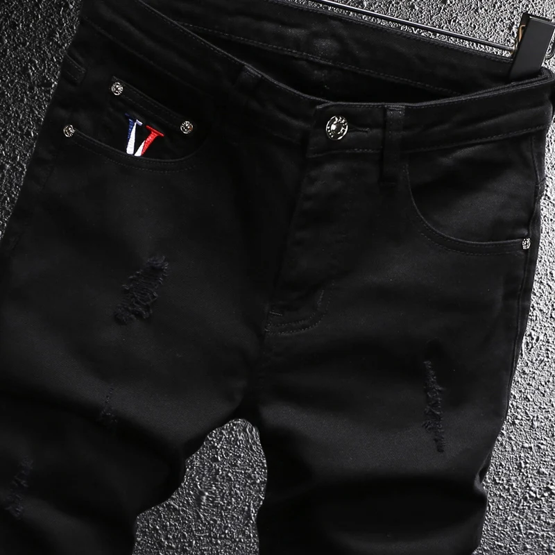 

High Street Designer Fashion Men Jeans Black Stretch Slim Fit Hole Ripped Jeans Men Y2K Vintage Casual Denim Pants Hombre