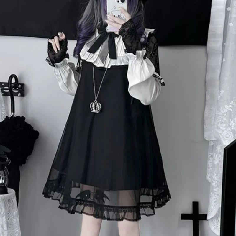 

Japanese Gothic Style Lolita Bow Dress Women Vintage Sweet Mesh Patchwork Lace Princess Dresses Y2k Aesthetic Party Mini Dresses