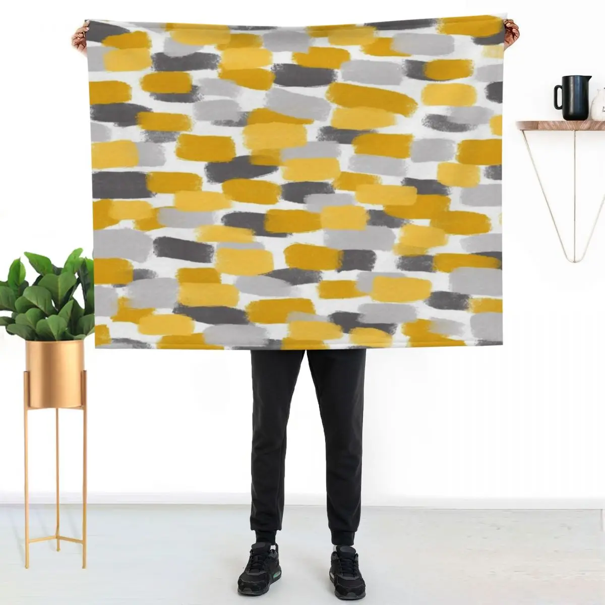

Grey and Mustard Yellow Paint Brush Effect Throw Blanket Cozy Home Blanket Gift for Christmas Holiday