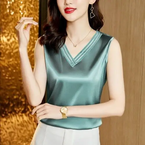 بلون بروتيل سترة قميص جديد الصيف الحرير الساتان تانك القمم أكمام التصميم الداخلي الشعور الجوف خارج النساء القمم A261