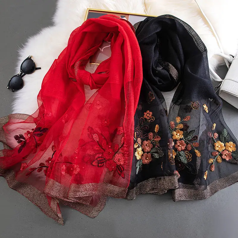 Fashion Organza Silk Scarf With Embroidered Shawl Women Pearl Hijab Elegant Long Scarves Summer Solid Color Headscarf 180*70cm