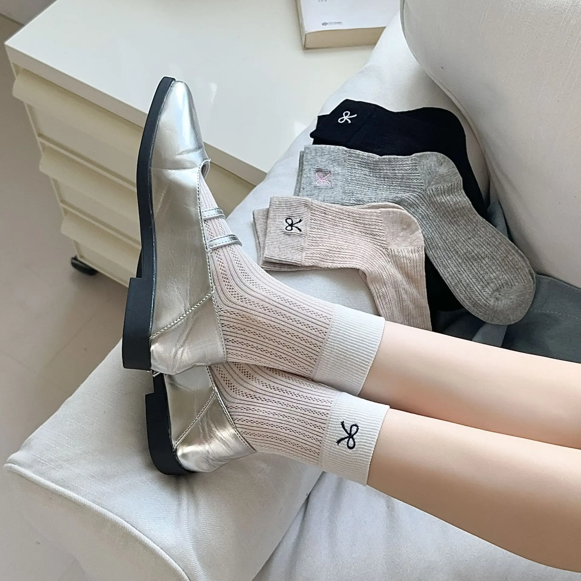 

Bow Embroidery Kawaii Socks Casual Solid Color Black White Gray Socks Hollow Out Mesh Thin Breathable Summer Middle Tube Socks
