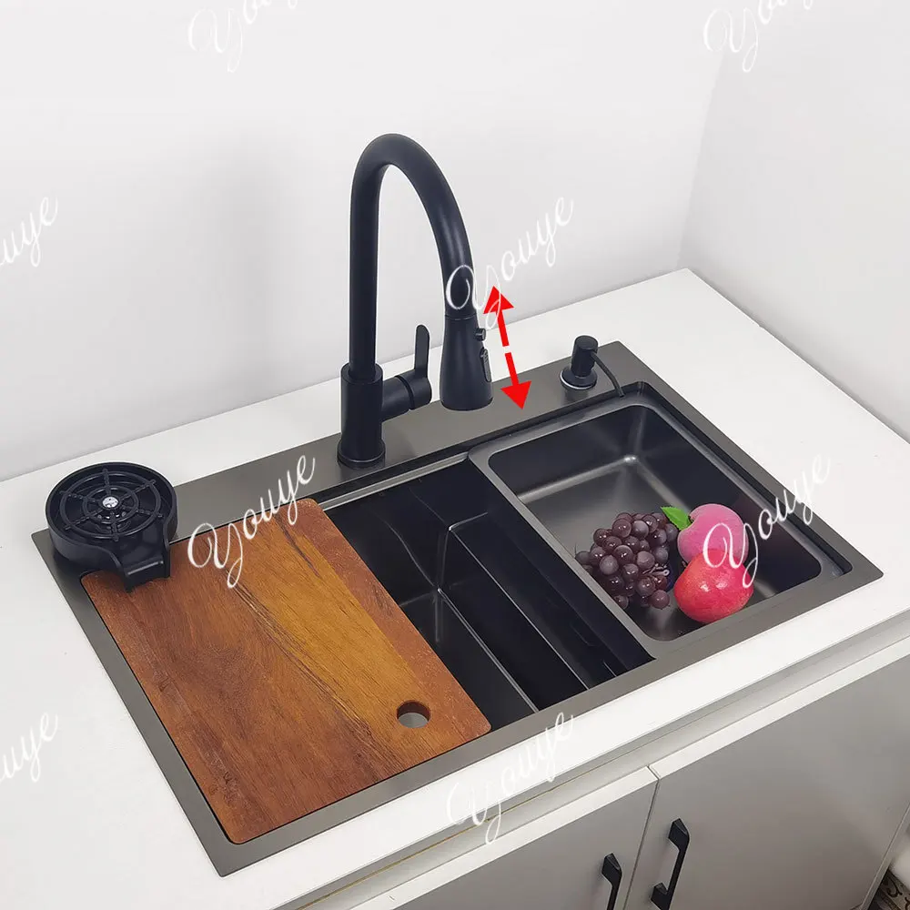

High and low sink Matte Black Nano Coating – Dual Basin Design with High Drain & Low Wash, Humanized Utility Layout Kitchen Sink