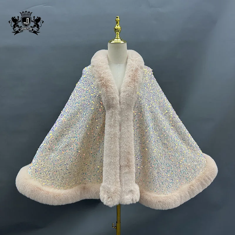 Sequins Faux Rabbit Fur Cape Coat Winter Thicken Lining Warm Party Dress Cloak Shawl Women Wraps Fashion Shiny Paillette