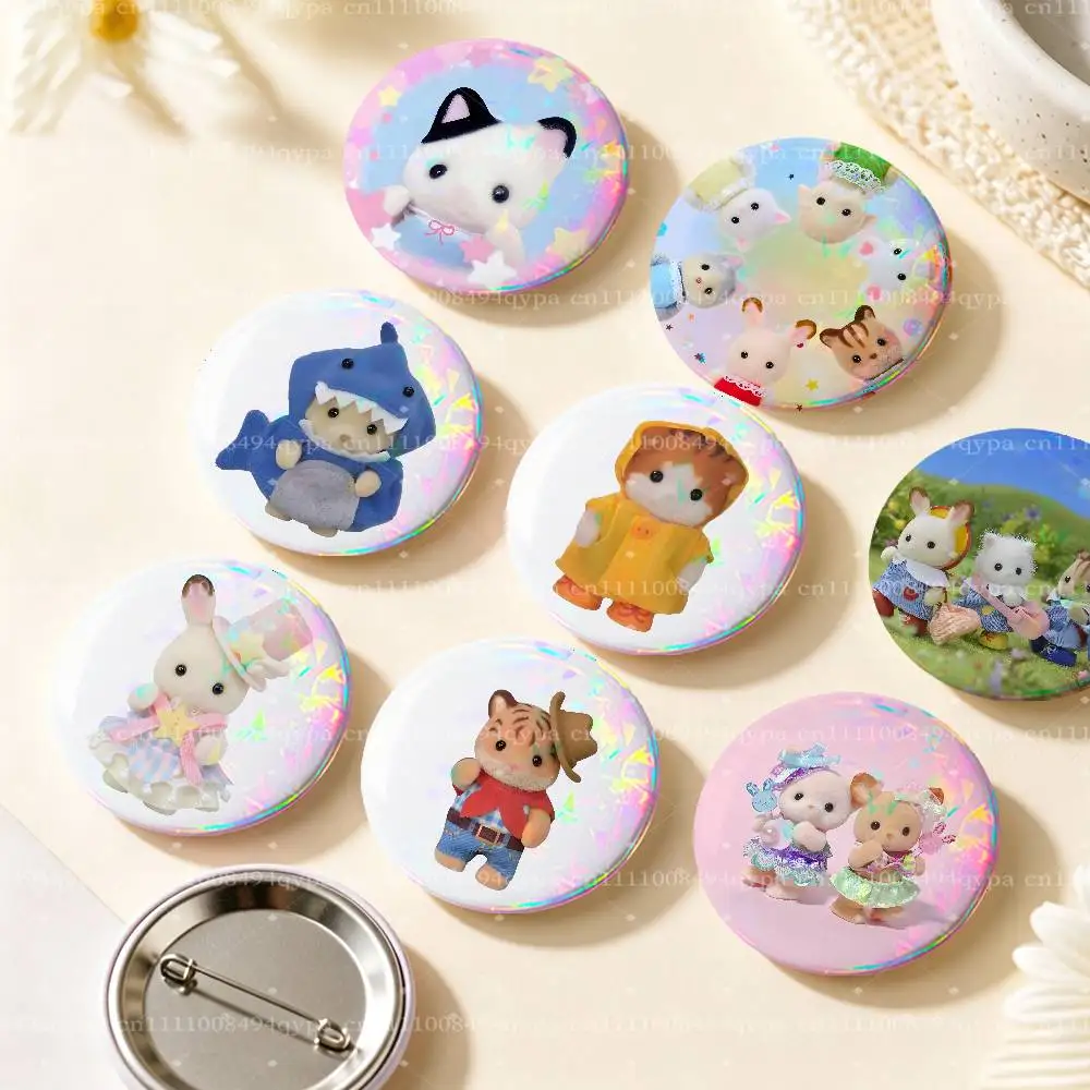 S-Sylvanian-es Cute Dolls Button Supplies Round Badge Pins Clothes Decor Includes Metal Pin Back Cover, Metal Cover,Laser Film