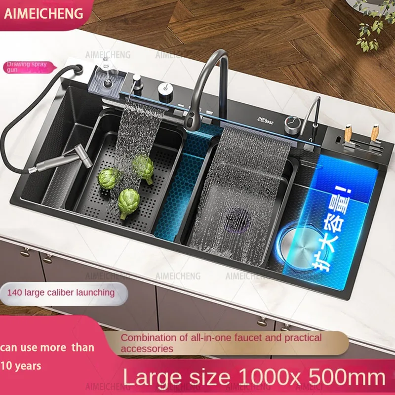 Smart Multifunction Piano Key Waterfall Large Sink 304 Stainless Steel Home Kitchen Sink with Dish Drying Holder