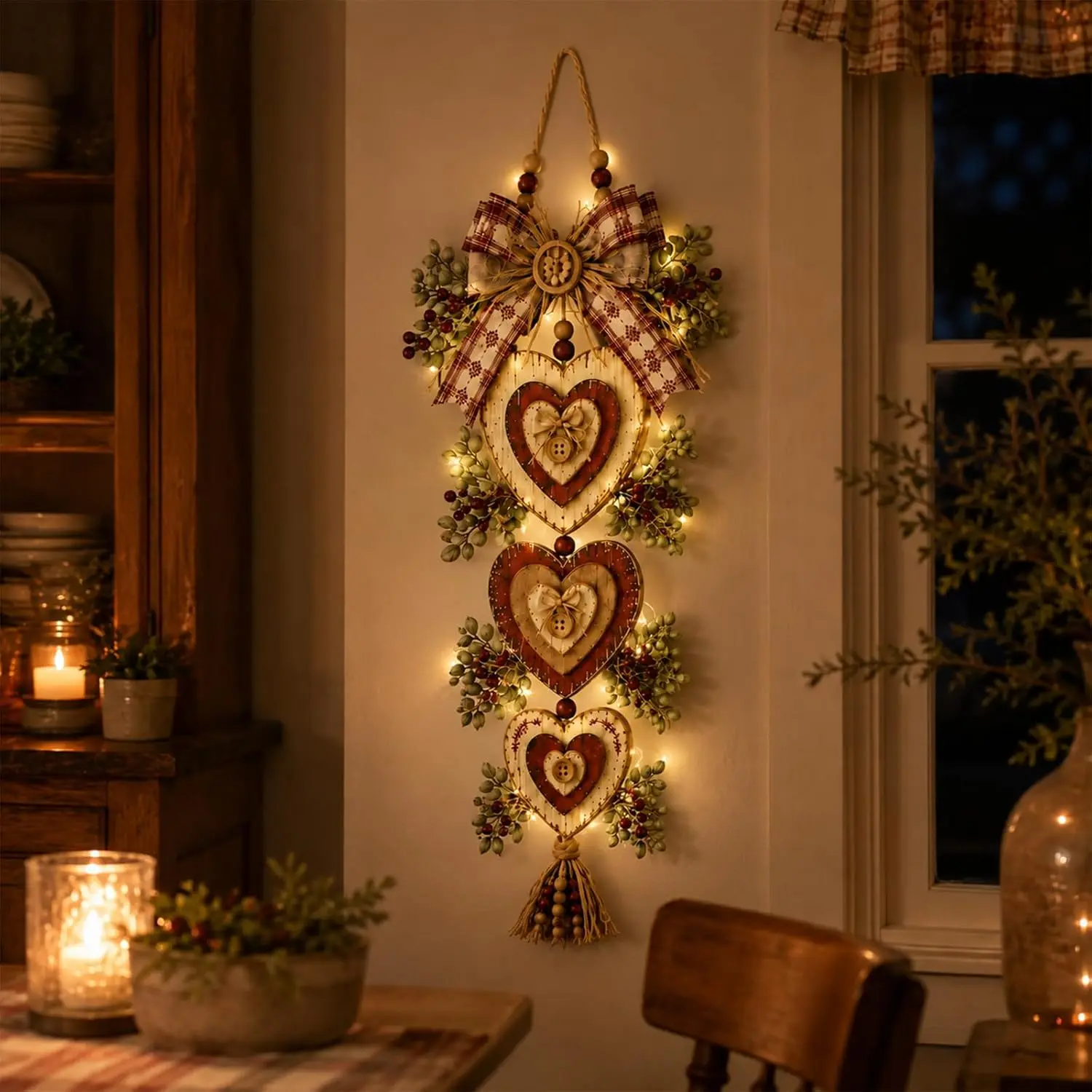 Vintage Farmhouse Layered Heart Wall Hanging, Rustic Decor with Jute Rope