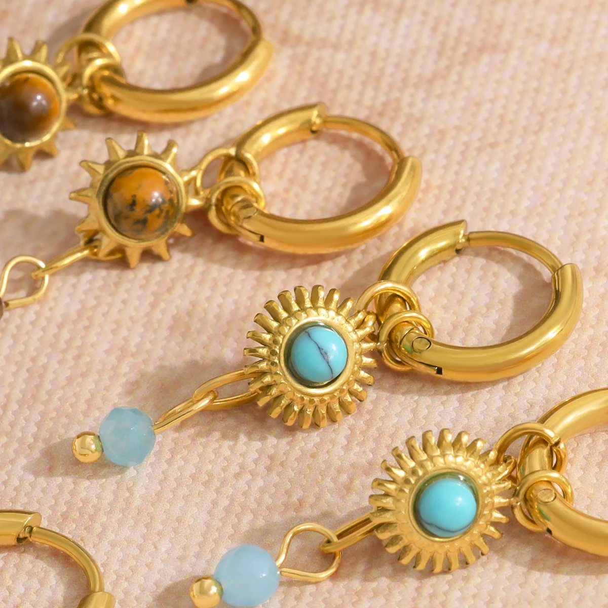 WILD & FREE NEW IN 18K Gold Plated Stainless Steel Huggie Hoop Earrings for Women Chic Vintage Natural Stone Charms Jewelry