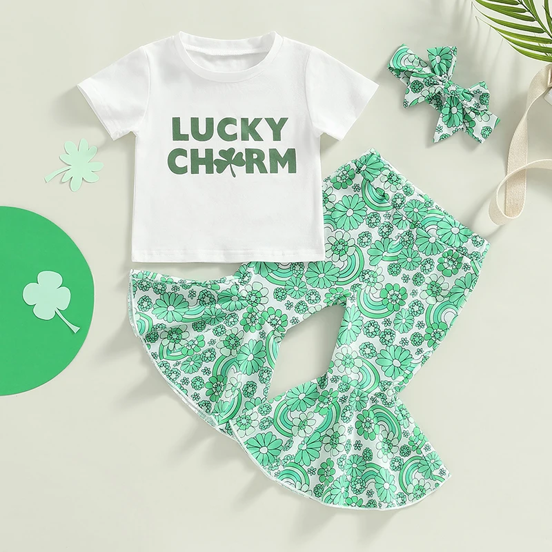 Girls St Patricks Day Outfit 3Pcs Clothes Set White Round Neck Short Sleeve Letter Print Tops + Green Flared Pants + Headband