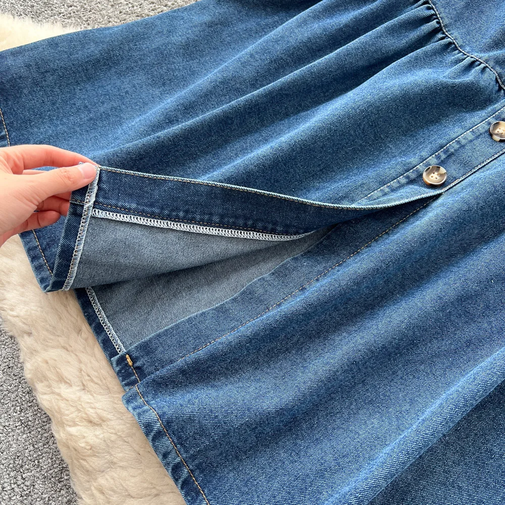 Women's Korean Button High-Waisted A-Line Denim Split Maxi Skirt Single-Breasted Patchwork Mid-Length Summer Skirt