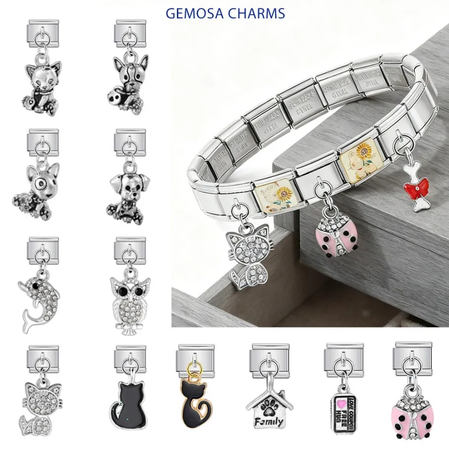 GEMOSA Silber Farbe Katze Delphin Welpen Käfer Eule Italienischer Charm Link passend für 9mm Edelstahl Herstellung Armband DIY Schmuck Anhänger – Detail 1
