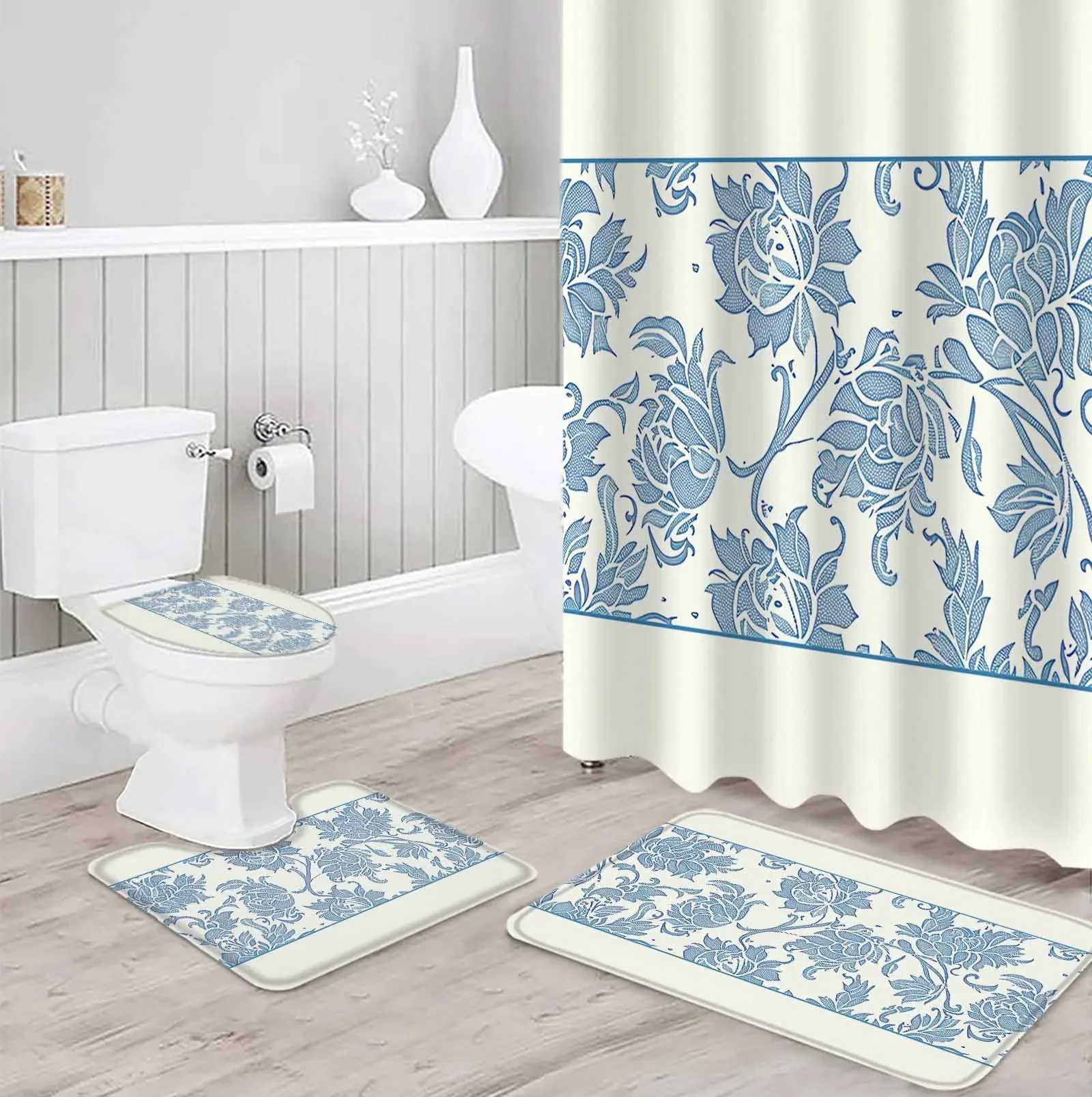 Ethnic Style,  PatternsPolyester Printed Shower Curtain Bathroom Set Luxury Curtain Abstract 4-piece Set Coral Velvet Foot Mat