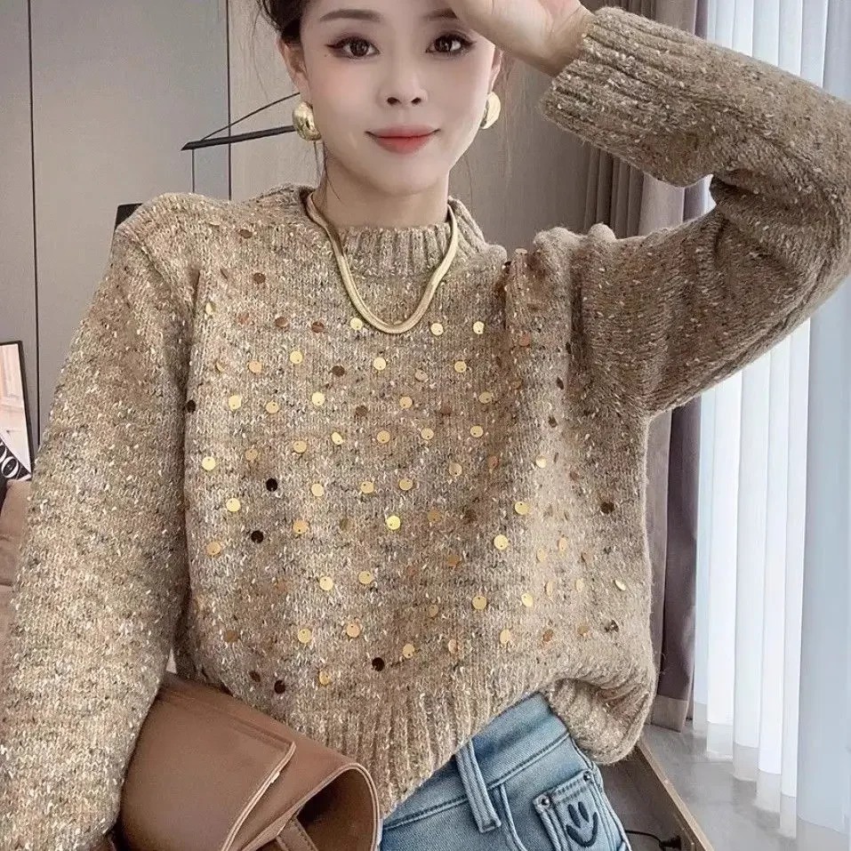 2024 Winter New Elegant Retro Glitter Sweater for Women New Winter Korean Style Leisure High-end Beautiful Knitted Top for Women