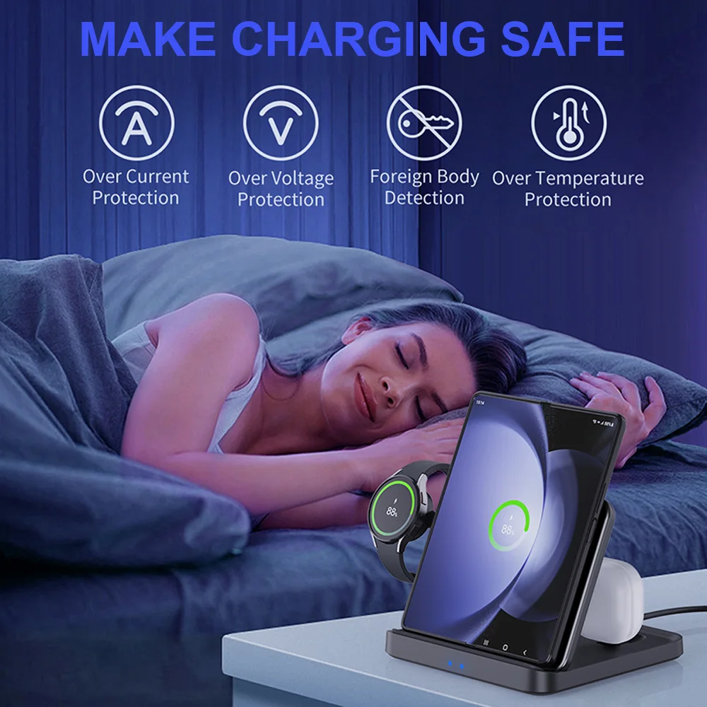 Domars 3-in-1 Foldable Wireless Charger Stand for Samsung Z Fold 7/6 Galaxy S24/S25 Ultra and Galaxy WatchBuds Charger Stand