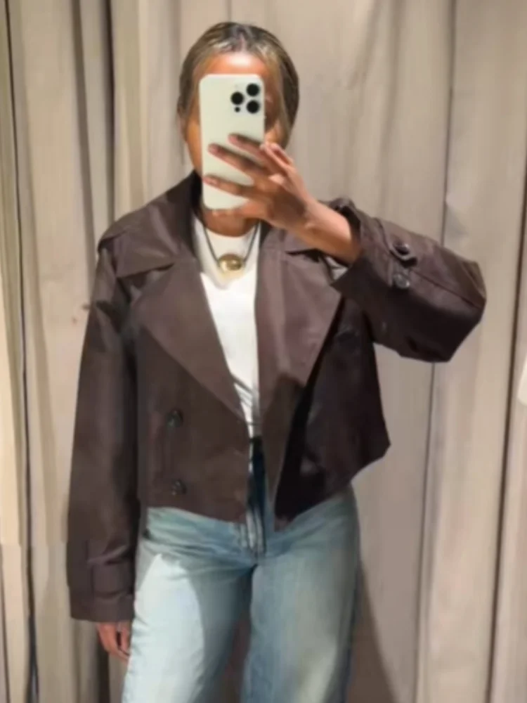

Fashion Lapel Neck Trench Coats Women Long Sleeve Double Breasted Short Jackets 2025 Casual Lady Street Commute Office Outerwear