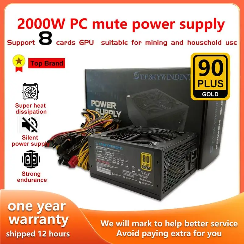 To 2000W ATX PSU Mining Power Supply PC Power Support 8 Display Cards GPU 95% Efficiency for BTC Bitcoin Miner