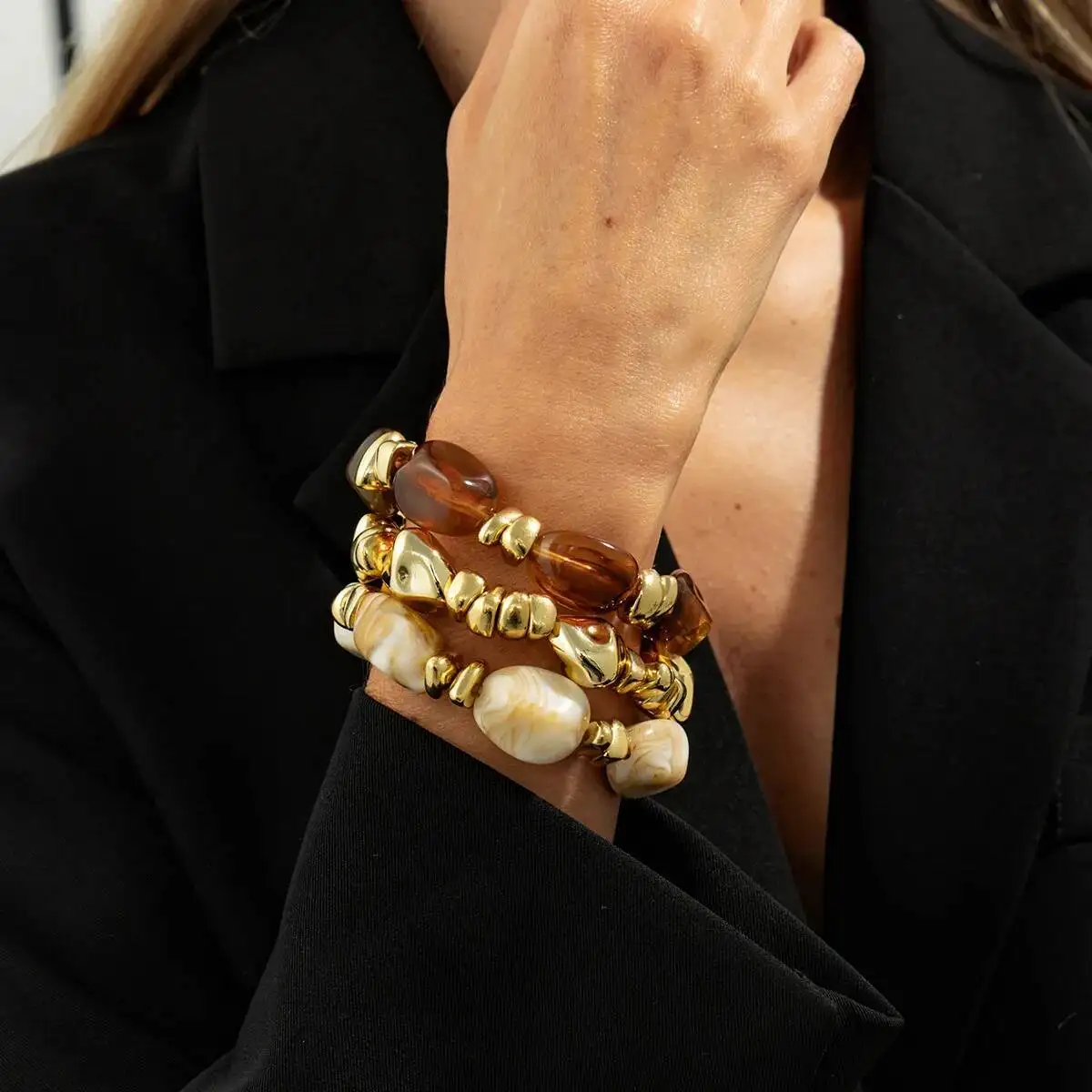 

3 Pcs/Set Y2K Bohemian Acrylic Resin CCB Beads Bracelets Vintage Baroque Style Splicing Bangle Women's Daily Charm Jewelry