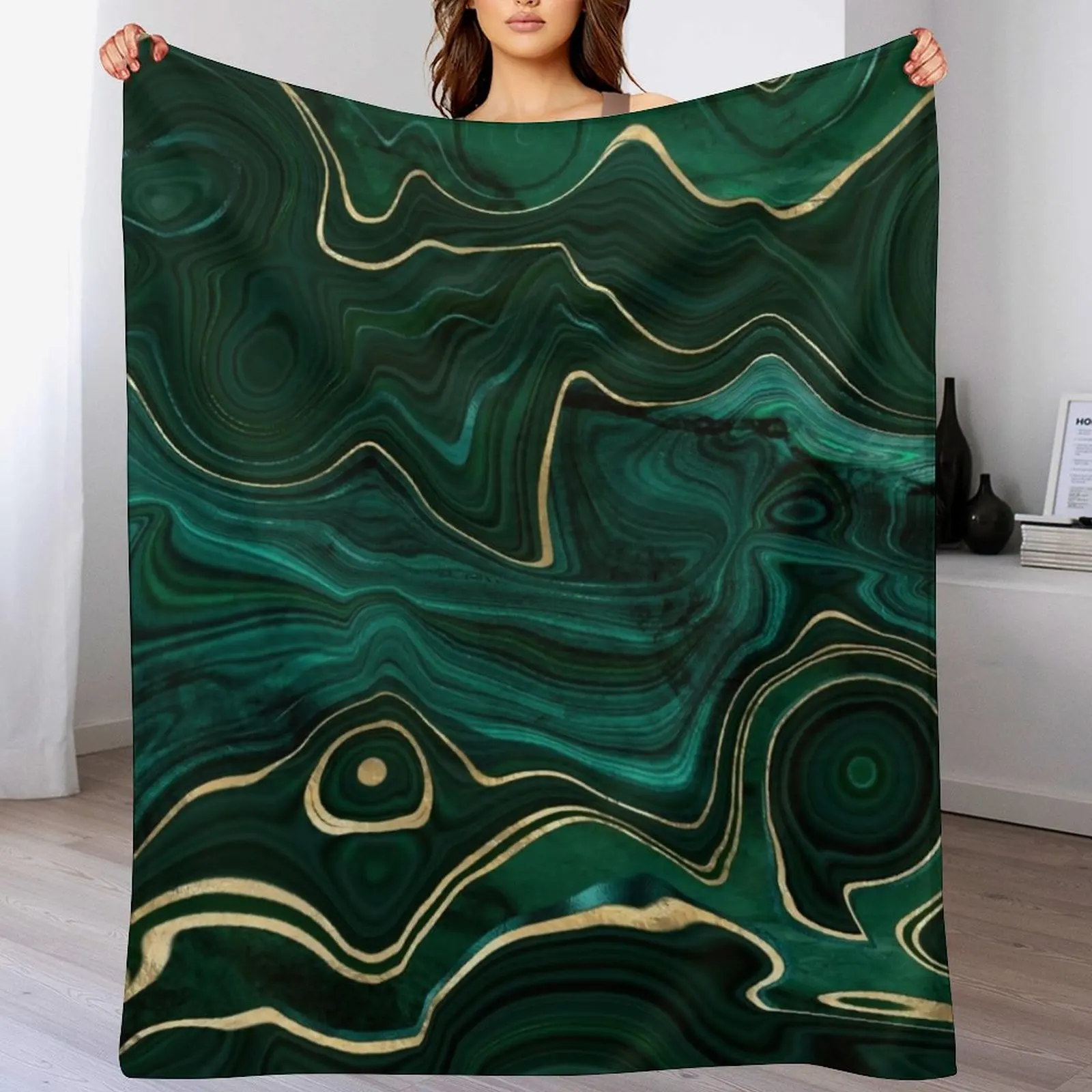 

Faux Malachite Marble Texture With Gold Veins I Throw Blanket Weighted Luxury Bed linens Blankets