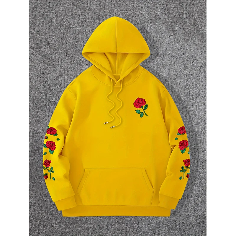 Red Rose Print Hoodie Men Woman Round Neck Long Sleeve Hoodies Hooded Sweatshirts Harajuku Pullover Tracksuit Unisex Clothing