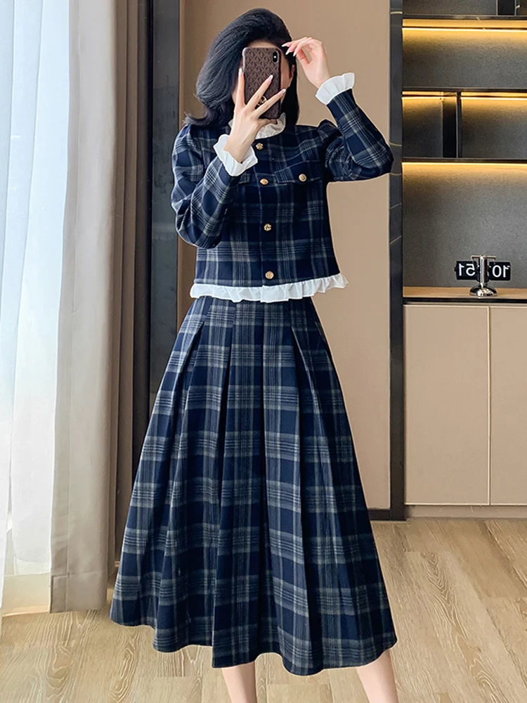 High Quality Temperament Office Lady Suit Casual Plaid Ruffles Crop Tops + Pleated Midi Skirt Suit Set Elegant Women 2 Piece Set