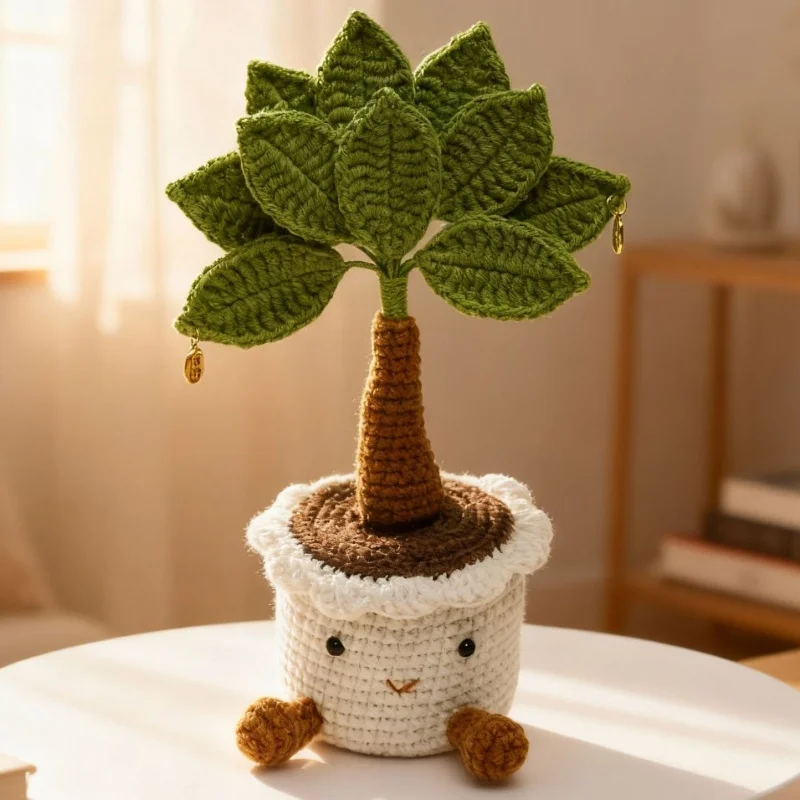 ต้นไม้เงินถักโครเชต์ทำมือในกระถาง ต้นไม้ประดิษฐ์แบบถักสำเร็จรูป ช่อดอกไม้ตกแต่งบ้าน ของตกแต่งโต๊ะทำงาน ของขวัญคริสต์มาส ของขวัญรับปริญญา