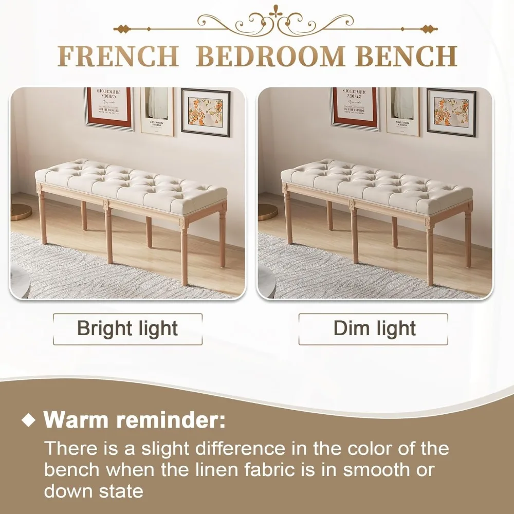 مقعد غرفة نوم منجد معنقدة عتيقة، 47 مقعد لتناول الطعام على الطراز الفرنسي مع وسادة، قماش كتان، نهاية مقاعد السرير O #3