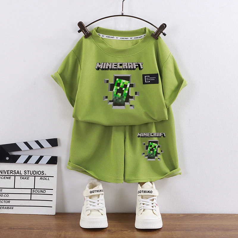Conjunto de Shorts e Camiseta de Manga Curta com Estampa Temática de Jogos Minecraft, Gola Redonda, Moda Estudantil