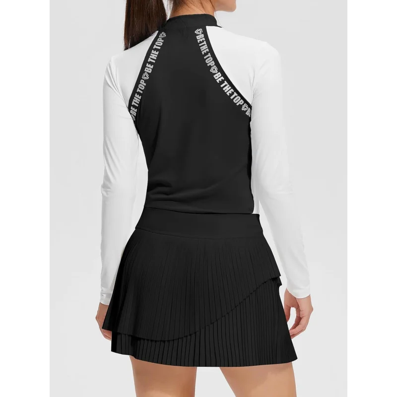 SharpStar Women's Mock Neck Long Sleeve Shirt Set 2PCS Quick Dry Golf Skirts Outfits Pleated Tennis Skirt Fall Casual Sets