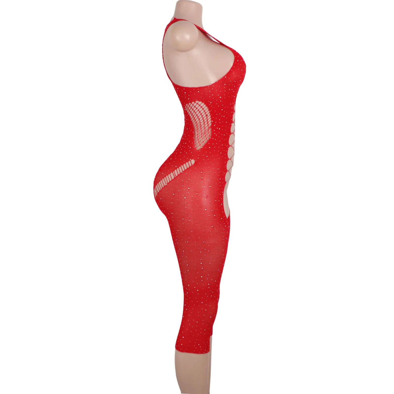 Sexy Lingerie Swimsuit Cutout Design Sheer Net Shorts Crystal Embellished Rhinestone Women's One Piece Exotic Dancewear Mesh