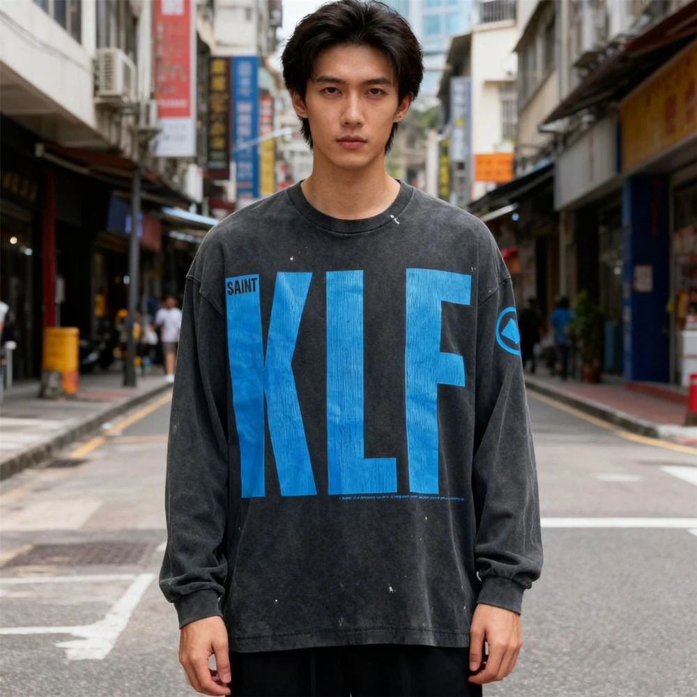 KUCLUT Fashion 1:1 SAINT Japanese Style Quality Tops Vintage Graphics Long Sleeves Tee 100%Cotton Oversized Loose T Shirt Men