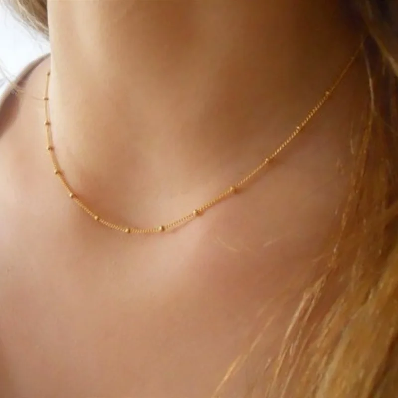 Sparkling Trendy Chain Necklace for Women Gold Color Thin Choker Bead Chain Necklace Accessories Jewelry Gift Wholesale