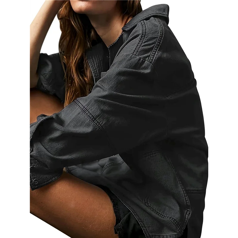 

CGS-Женский джинсовый пуловер, повседневная блузка на пуговицах с v-образным вырезом, свободная джинсовая куртка с длинными рукавами и карманом